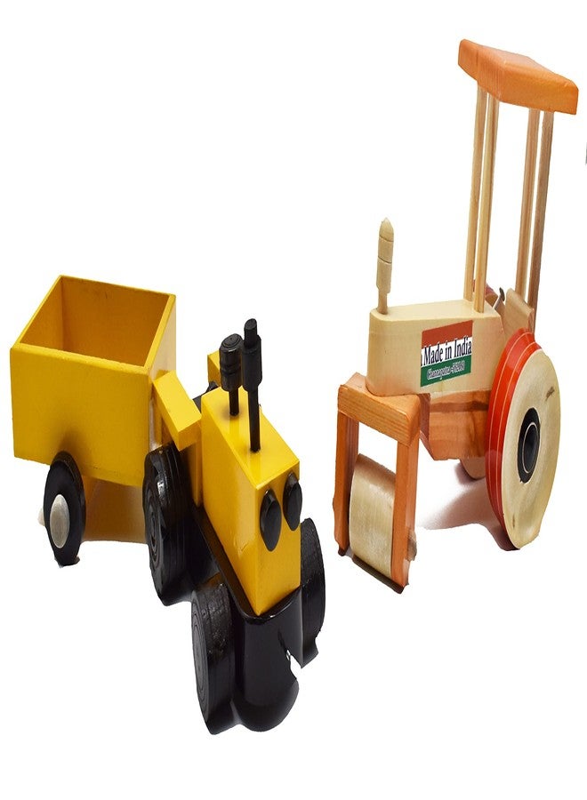 justhandmade Just Handmade Wooden Tractor with Trolley | Road Roller - Pull Along Toy for Kids, Colors May Vary - Combo of 2 - Image 2